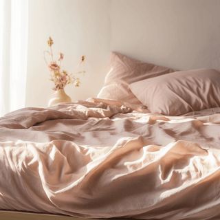 percale midsummer pink bedding on bed