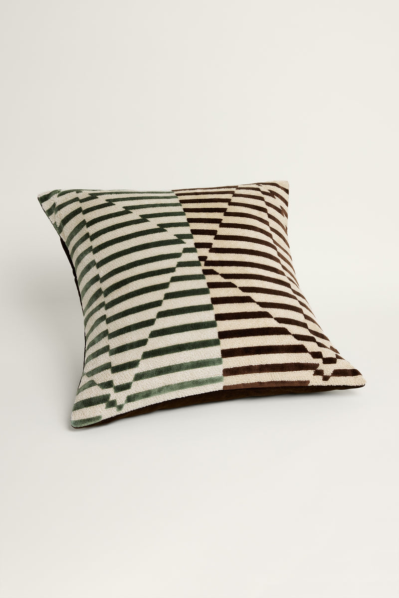 Stripes Velvet Cushion Cover - Green + Brown