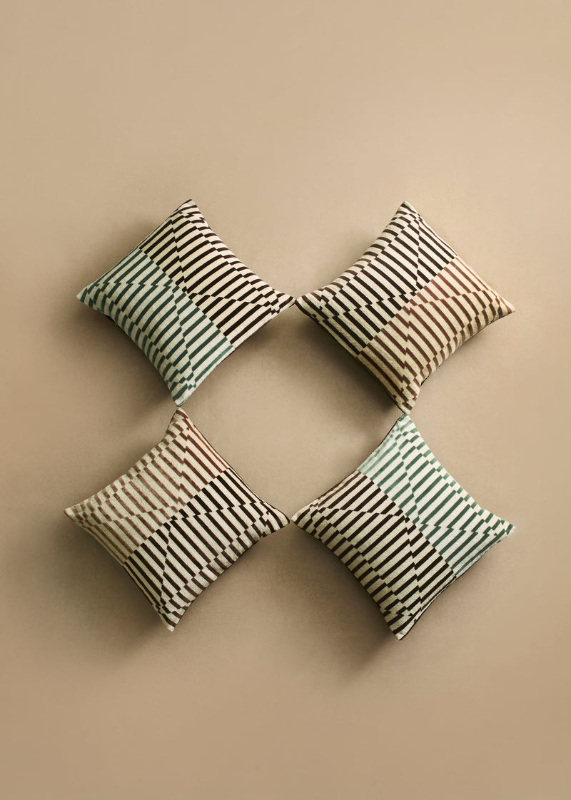 Striped Velvet Cushion Cover - Green + Brown