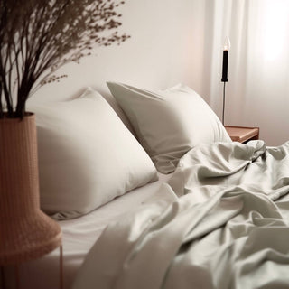 close up of equinox silver bedding on bed