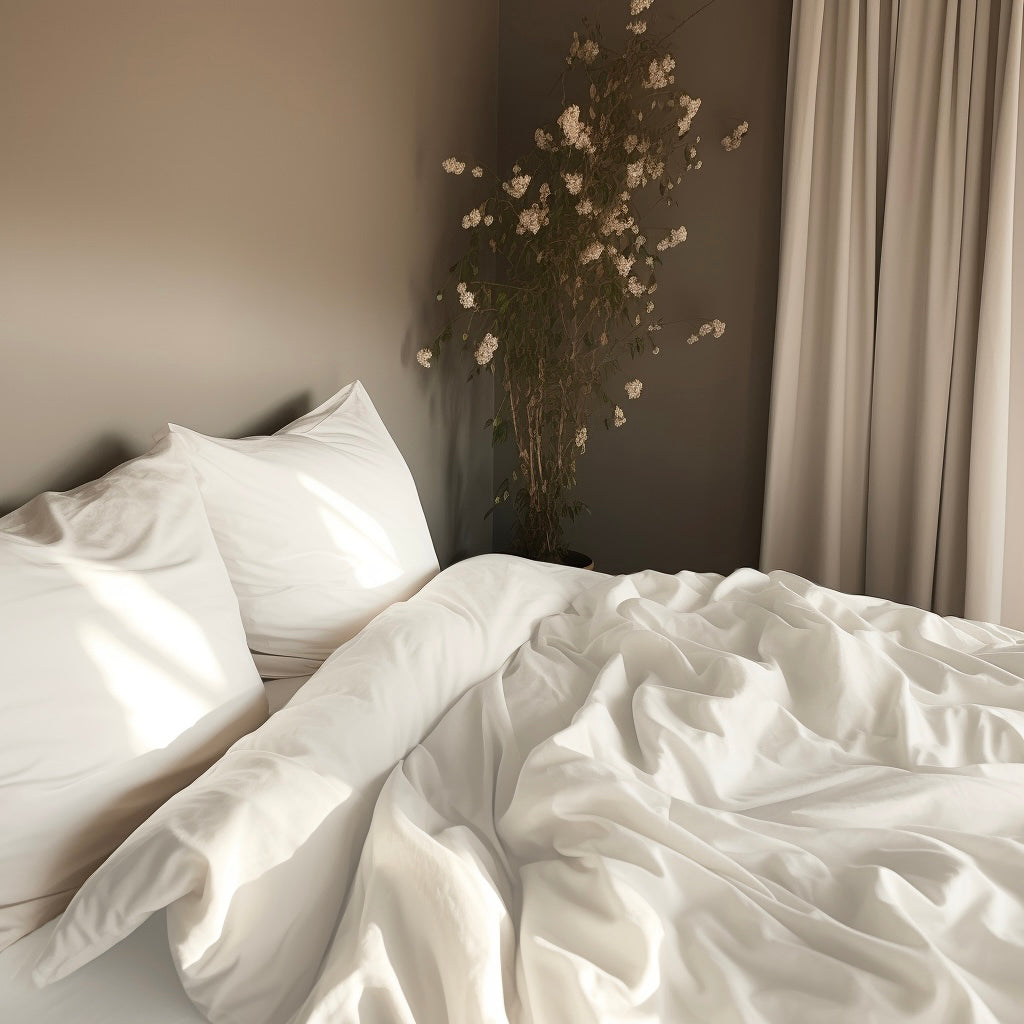 percale midwinter white bedding in airy bedroom