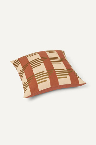 Embroidered Cushion Cover With Contrasting Stripes And Lines in red