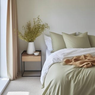 solstice green bed linen on bed in bedroom