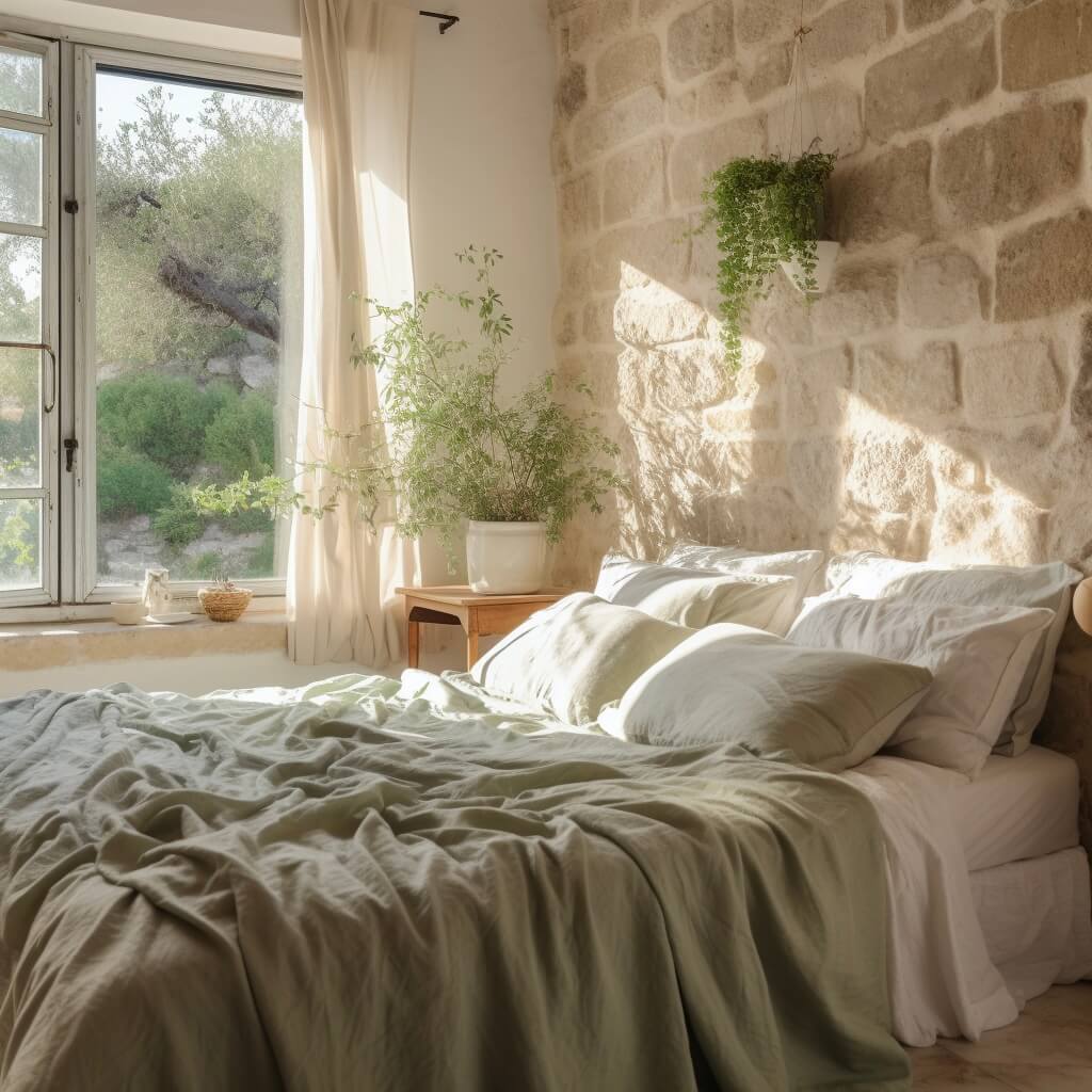 solstice green bed linen on bed in bedroom