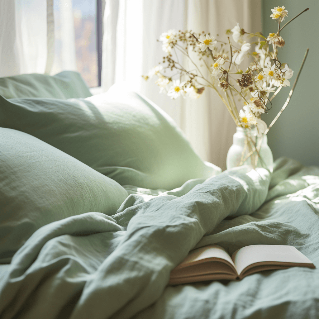 spring blue bedding on bed